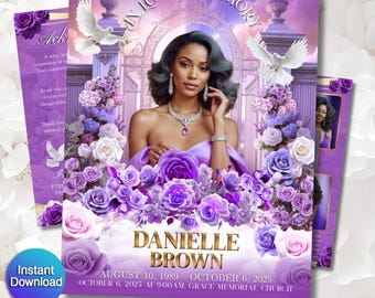 Funeral Program Template | Obituary Template for women | 8-Page memorial tributes | Purple Lavender 11x17
