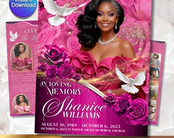 Funeral Program Template | Obituary Template for women | 4-Page memorial Programs | Pink Rose 11x17