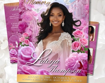 Modello di programma funebre Canva per donne Bifold 8 pagine / Celebrazione della vita rosa e viola