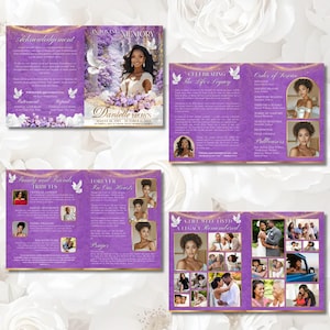 May include: A memorial program with a purple and gold design. The program includes photos, text, and the name "Danielle Brown." The layout features doves and floral accents, with sections for tributes and service details.