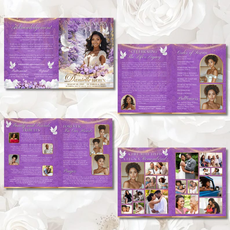 May include: A memorial program with a purple and gold design. The program includes photos, text, and the name "Danielle Brown." The layout features doves and floral accents, with sections for tributes and service details.