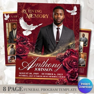 May include: A funeral program template with a burgundy and gold design. The front features a portrait of a man in a suit, white doves, and red roses. Text includes "In Loving Memory" and the name "Anthony Johnson".