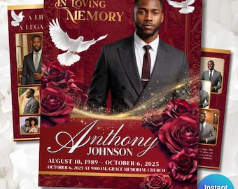 Funeral Program Template | Obituary Template for men | 8-Page memorial Programs | Red Burgundy 11x17