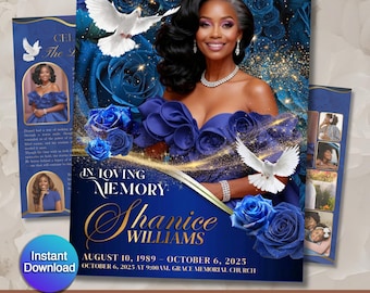 Funeral Program Template | Obituary Template for women | 4-Page memorial Programs | Royal Blue 11x17
