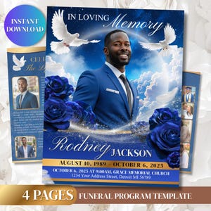 Puede incluir: Una plantilla de programa fúnebre con un diseño azul y dorado. La portada presenta una foto de un hombre con traje azul, rosas azules y palomas. El texto dice "In Loving Memory" y "Rodney Jackson". Incluye las fechas 10 de agosto de 1989 - 6 de octubre de 2025.