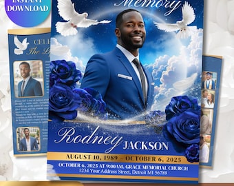 Funeral Program Template | Obituary Template for men | 4-Page memorial Programs | Royal Blue 11x17