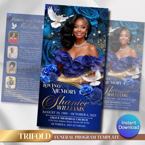 May include: A trifold funeral program template with a blue floral design. The cover features a photo of a woman in a blue dress, the name "Shanice Williams", and dates. Includes text: "Loving Memory", "August 10, 1989 - October 6, 2025".
