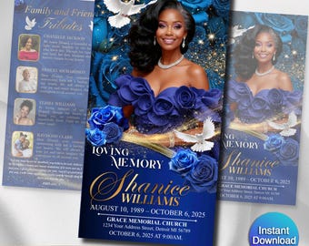 Funeral Program Template | Trifold Obituary Template for women | Royal blue memorial programs 11x17