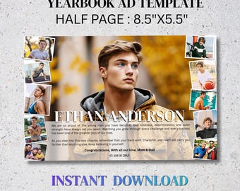 Senior Yearbook Ad Template | Half page boy l Graduation Dedication Photo Collage Tribute ad