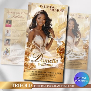 Elegant Gold Funeral Program Template | Trifold Obituary Template for women | Memorial Programs 11x17