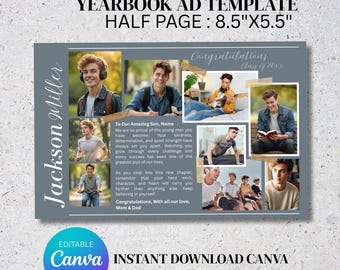 Senior Yearbook Ad Template | Half Page Photo Collage | Boy Graduation Tribute | Dedication Canva Template