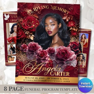 Funeral Program Template | Obituary Template for women | 8-Page memorial Programs | Red Burgundy