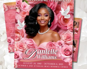 Modello di programma funebre / Modello di necrologio / Celebrazione della vita / Rosa rosa Canva modificabile: 8 pagine