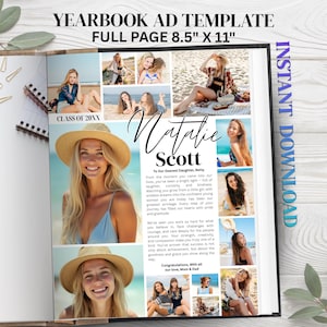 May include: A full-page yearbook ad template, 8.5" x 11", featuring a collage of photos and text. The design includes the text "YEARBOOK AD TEMPLATE" and "INSTANT DOWNLOAD". The ad is personalized with the name "Natalie Scott" and a message.