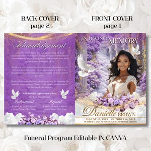 May include: A funeral program with a purple and white floral design. The front cover features a photo of a woman, the text "In Loving Memory", and the name "Danielle Brown" with dates. The back cover includes text about acknowledgements.