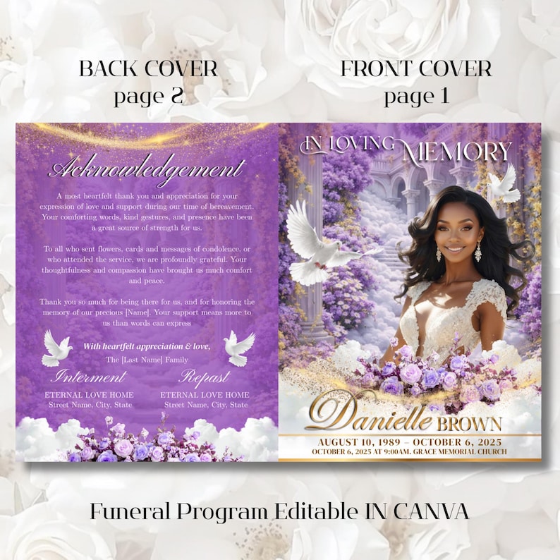 May include: A funeral program with a purple and white floral design. The front cover features a photo of a woman, the text "In Loving Memory", and the name "Danielle Brown" with dates. The back cover includes text about acknowledgements.