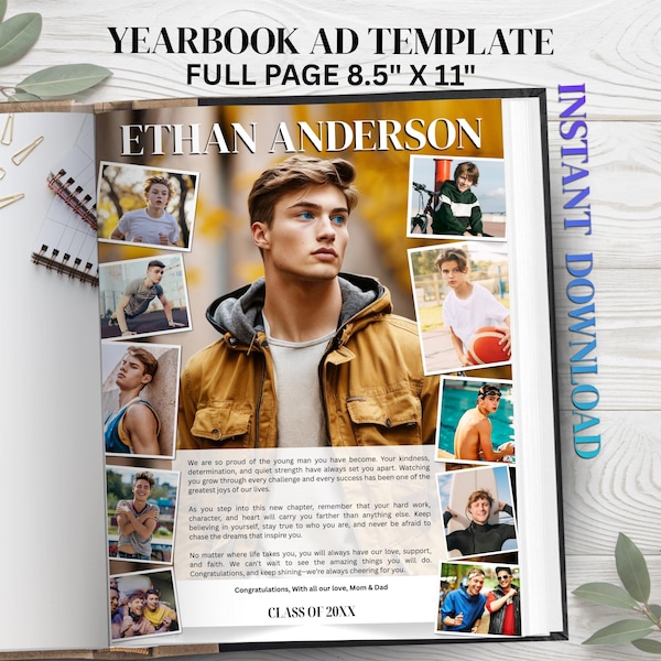 Plantilla de anuncio para el anuario de último año / Página completa para niño / Collage de fotos editable para dedicatoria de graduación