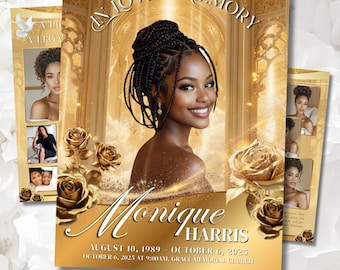 Funeral Program Template | Obituary Template for women | Celebration of Life | Layout Canva | Gold Elegant