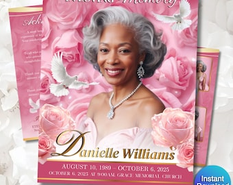 Pink Rose Funeral Program Template | Obituary Template for women | 8-Page memorial Programs 11x17