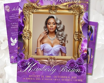Obituary Template | Funeral Program Template | In Loving Memory | Canva Printable Lavender purple gold : 8-Page