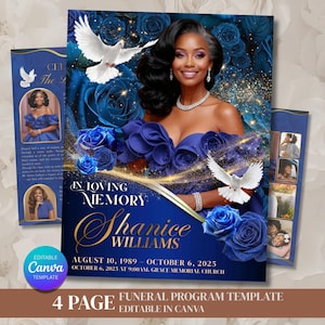 Könnte beinhalten: Eine vierseitige Trauerprogrammvorlage mit einem marineblauen und goldenen Design. Das Cover zeigt ein Foto einer Frau, blaue Rosen, Tauben und den Text "In Loving Memory Shanice Williams". Enthält eine editierbare Canva-Vorlage.