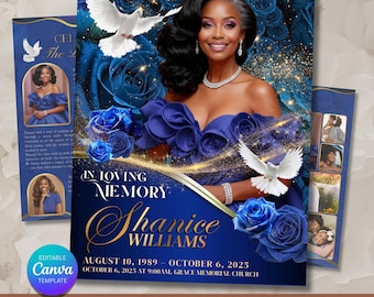 Modello di programma funebre / Modello di necrologio per donne / Memoriale pieghevole Canva / Blu reale 4 pagine