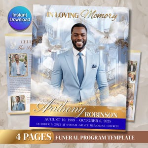 May include: A funeral program template in light blue and gold. The design includes a photo of a man in a light blue suit, the words "In Loving Memory", and the name "Anthony Robinson". Dates: August 10, 1989 - October 6, 2025.