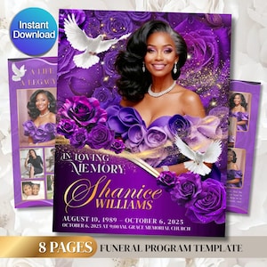 May include: A funeral program template with a purple and gold design. The cover features a photo of a woman, purple roses, and doves. Text includes "In Loving Memory", the name "Shanice Williams", and dates. The words "Instant Download" and "8 Pages" are also visible.