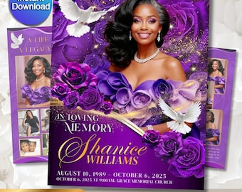 Funeral Program Template | Obituary Template for women | 8-Page Memorial Programs | Purple Rose 11 x17