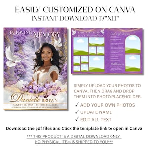 May include: A digital download template for a memorial service, featuring a photo of a woman, doves, and floral elements. The design is in shades of purple and gold, with text that reads "In Loving Memory" and "Danielle Brown". The template is 17"x11".