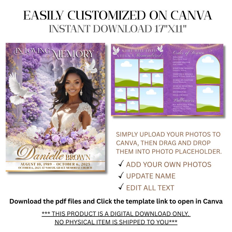 May include: A digital download template for a memorial service, featuring a photo of a woman, doves, and floral elements. The design is in shades of purple and gold, with text that reads "In Loving Memory" and "Danielle Brown". The template is 17"x11".