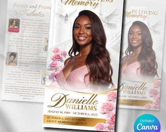 Funeral Program Template Canva | Trifold Obituary Template for women | Pink & white celebration of life