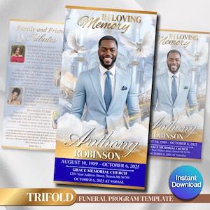 Funeral Program Template | Obituary Template for men | Trifold Memorial Programs | White and Blue 11x17