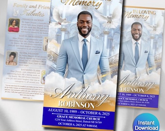 Funeral Program Template | Obituary Template for men | Trifold Memorial Programs | White and Blue 11x17