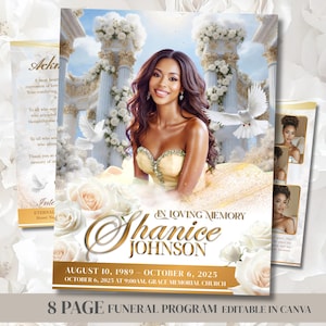 Puede incluir: Un programa fúnebre con un retrato de una mujer con un vestido amarillo, rodeada de rosas blancas y palomas. El programa incluye el nombre Shanice Johnson, fechas y la frase "In Loving Memory."