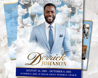 Plantilla de programa funerario / Plantilla de obituario para hombres / Diseño editable en Canva / Azul y nubes blancas