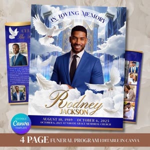 Peut inclure: Un modèle de programme funéraire de 4 pages avec un portrait d'un homme en costume bleu, des colombes et des nuages. Le programme comprend le texte "In Loving Memory" et le nom "Rodney Jackson". Le modèle Canva est modifiable.