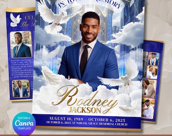 Funeral Program Template | Obituary Template for men | Editable Layout Canva | Royal Blue Heaven Gate