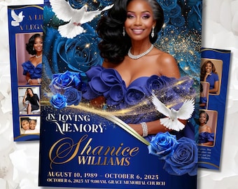 Modello di programma funebre / Modello di necrologio per donne / Celebrazione della vita / Canva modificabile / Blu reale