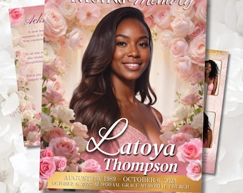 Plantilla de programa funerario Canva Bifold de 8 páginas / Servicio conmemorativo de celebración de la vida de Pink Rose