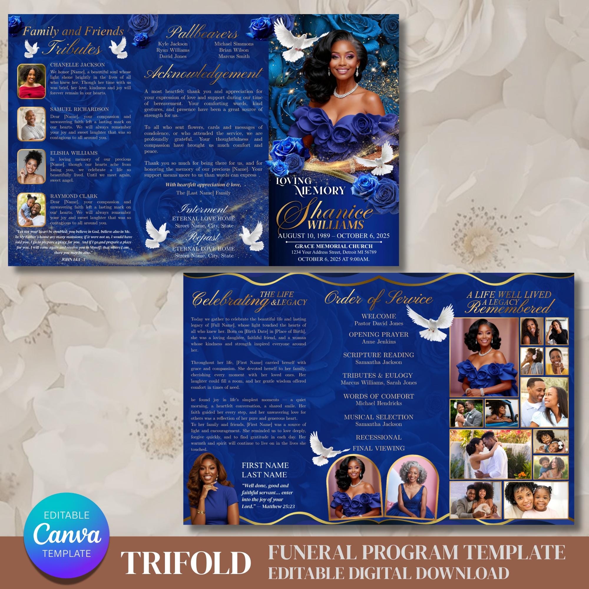 Funeral Program Template | Trifold Obituary Template for Women | Royal ...
