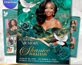 Funeral Program Template | Obituary Template for women | Memorial Service | Green Rose, 8-page 11 x17