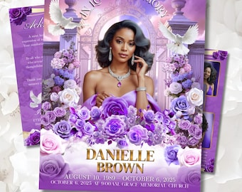 Funeral Program Template | Obituary Template | Celebration of Life | Editable Canva | Lavender Purple Roses : 8-Page
