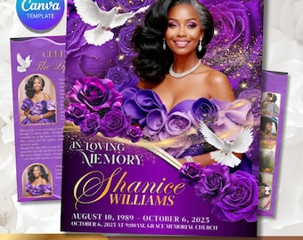 Modello per programma funebre / Modello per necrologio per donne / Canva commemorativa con rosa viola, 4 pagine 11x17