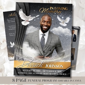 Funeral Program Template | Obituary Template for men | Editable Layout Canva | Black Gray 8 Page
