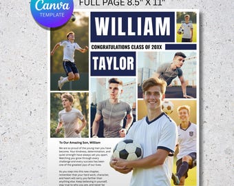 Plantilla de anuncio para anuario de último año / Plantilla editable de Canva de página completa para chicos / Plantilla de collage de fotos de graduación deportiva