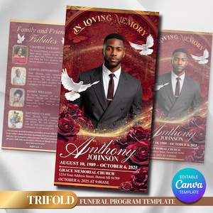 May include: A trifold funeral program template with a burgundy and gold color scheme. The design features a photo of a man, doves, and roses. The program includes the name "Anthony Johnson" and memorial details.