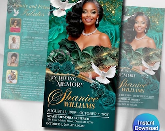 Funeral Program Template | Trifold Obituary Template for women | Green Rose Memorial Programs 11x17