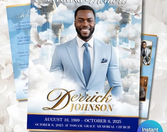 Blue Funeral Program Template | Obituary Template for men | 8-Page memorial Programs | sky clouds 11x17
