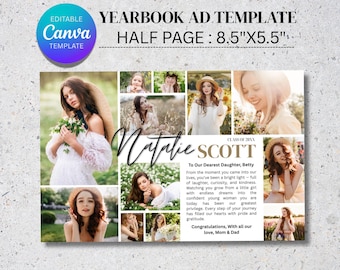 Modello di annuncio per annuario scolastico / Layout per ragazze a mezza pagina / Collage di foto di laurea / Canva modificabile